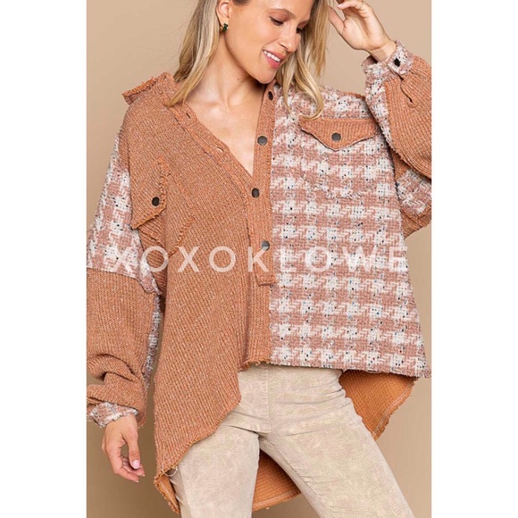 POL Tops - POL Half Button Houndstooth Patchwork Pullover Top Oversized